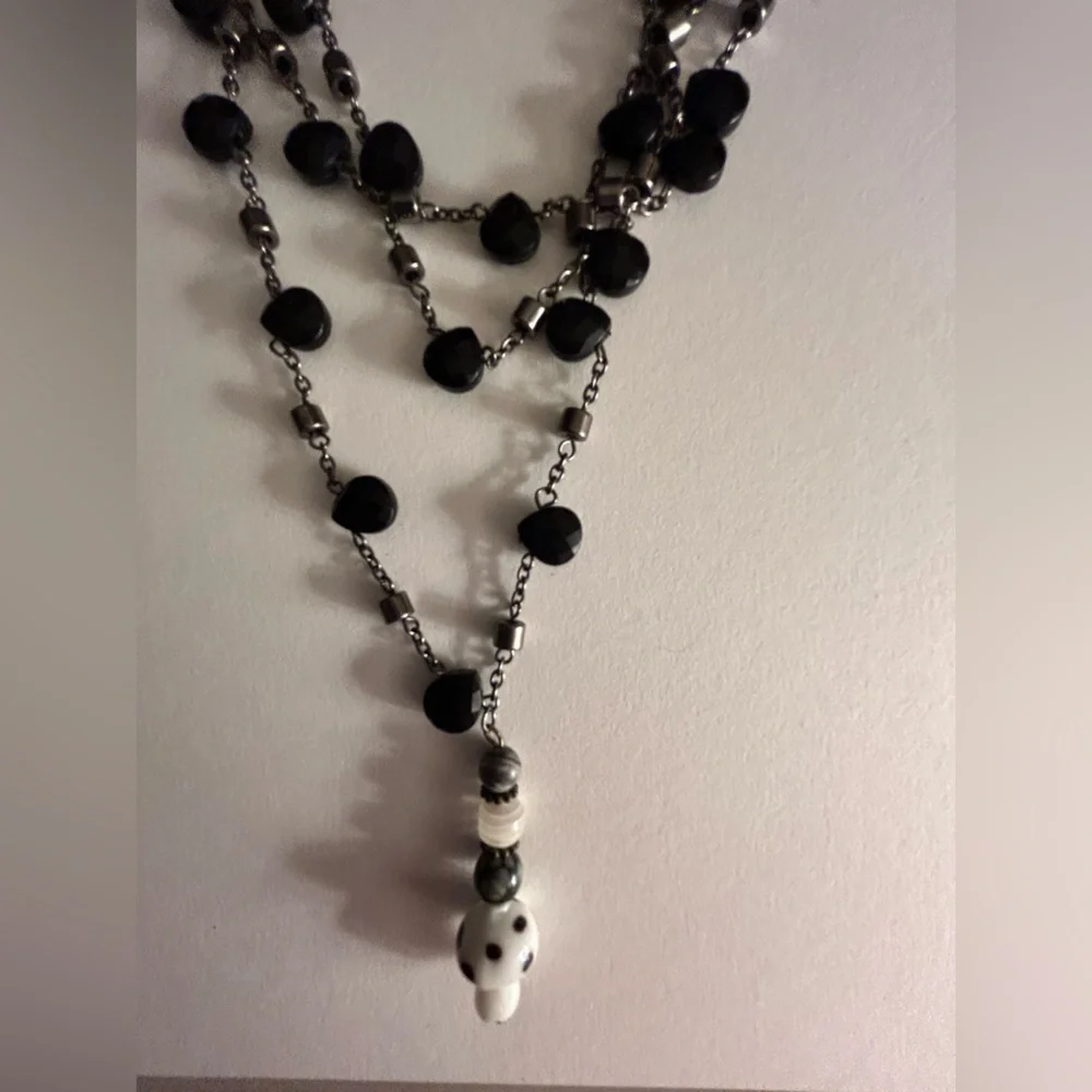Necklace glass & Agate stone mushroom pendant on 3-strand black faceted beads